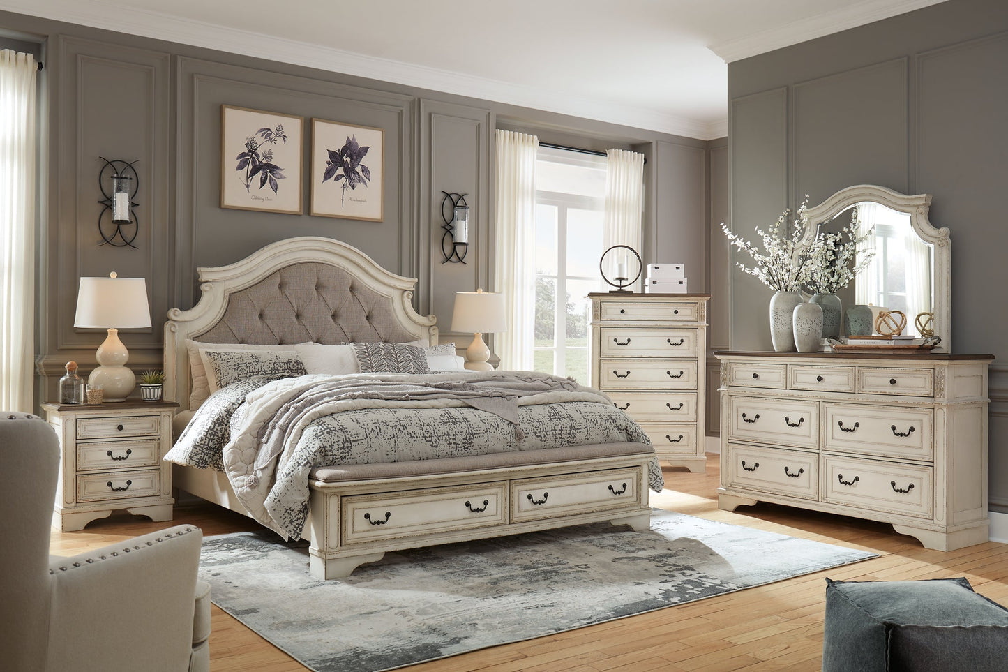 Realyn King Upholstered Bed with Mirrored Dresser at Walker Mattress and Furniture Locations in Cedar Park and Belton TX.
