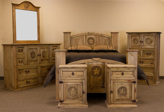 Rustic Mansion Honey Pine Bedroom Set w/Stars at Walker Mattress and Furniture Locations in Cedar Park and Belton TX.