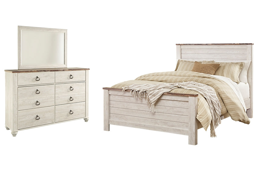 Willowton Queen Panel Bed with Mirrored Dresser at Walker Mattress and Furniture Locations in Cedar Park and Belton TX.