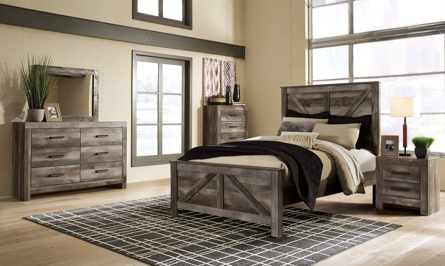 Wynnlow Queen Crossbuck Panel Bed with Mirrored Dresser, Chest and Nightstand at Walker Mattress and Furniture Locations in Cedar Park and Belton TX.
