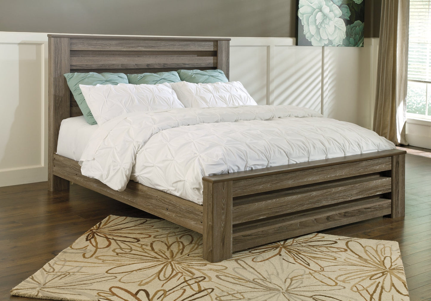 Zelen King Panel Bed with Mirrored Dresser and Chest at Walker Mattress and Furniture Locations in Cedar Park and Belton TX.