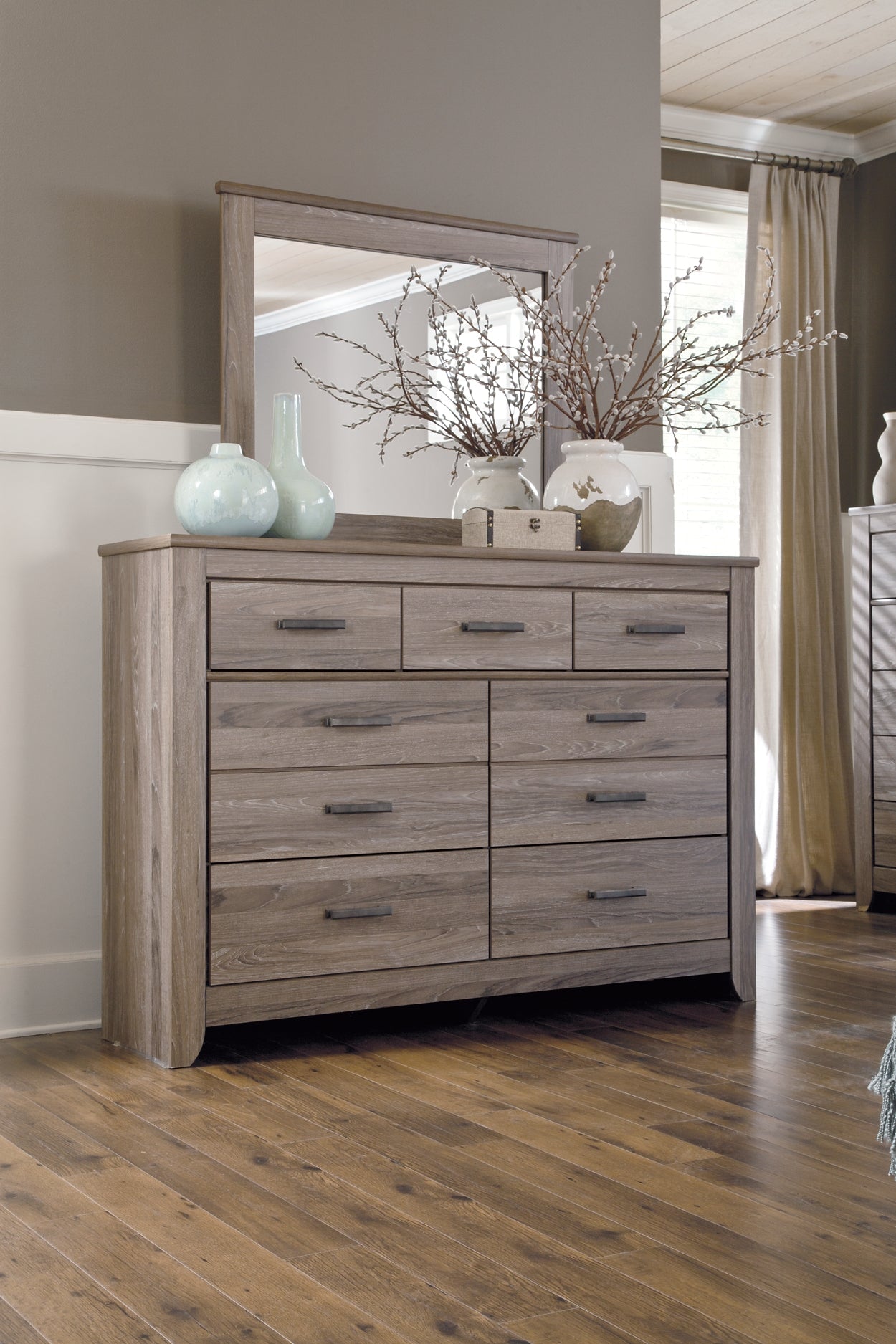 Zelen Queen Panel Bed with Mirrored Dresser and 2 Nightstands at Walker Mattress and Furniture Locations in Cedar Park and Belton TX.