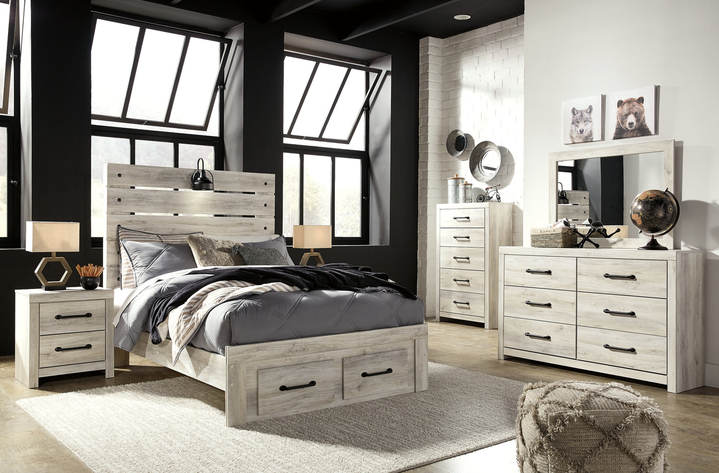 Cambeck Panel Bed With 2 Storage Drawers With Mirrored Dresser, Chest And 2 Nightstands