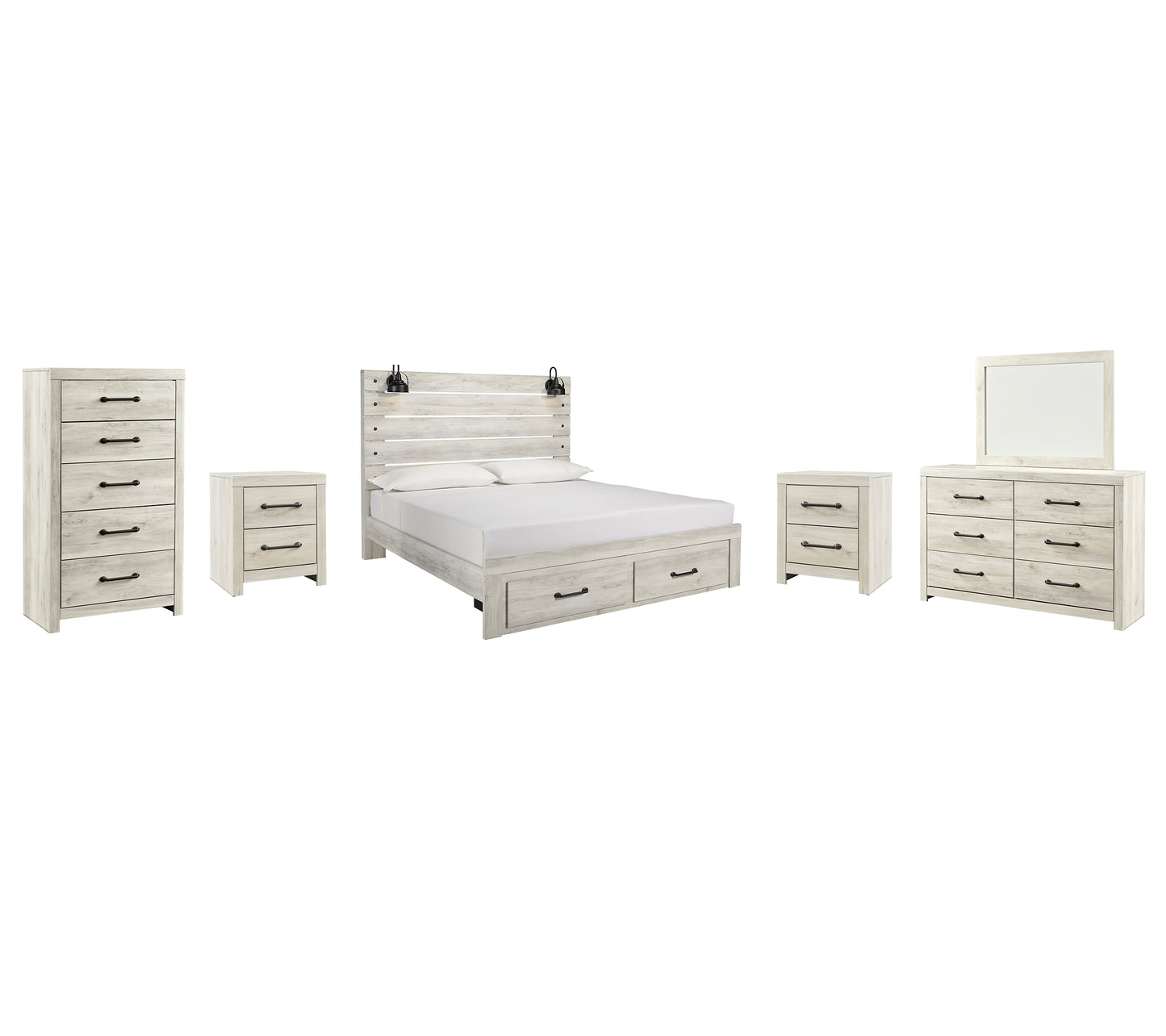 Cambeck Panel Bed With 2 Storage Drawers With Mirrored Dresser, Chest And 2 Nightstands