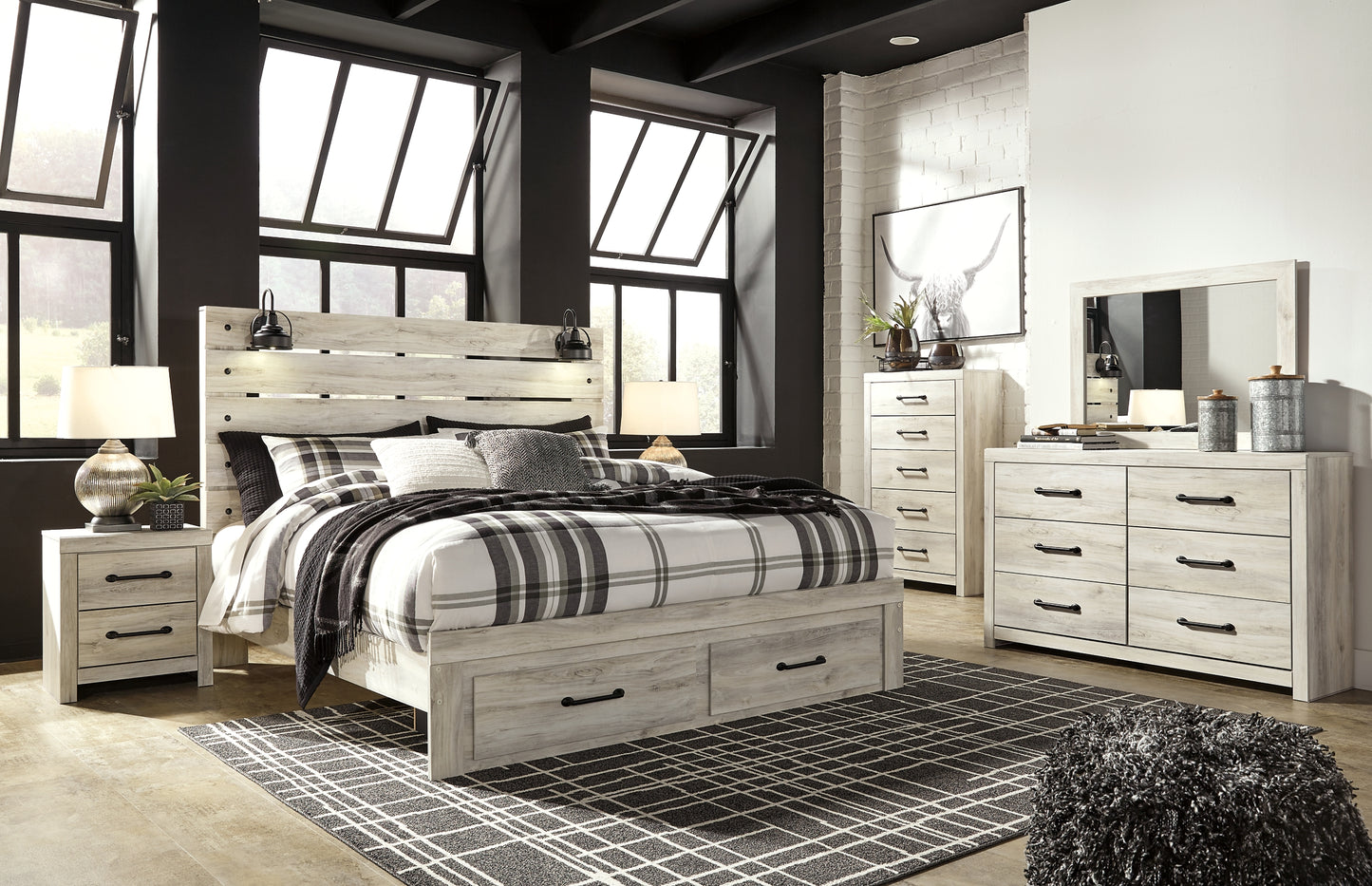 Cambeck Panel Bed With 2 Storage Drawers With Mirrored Dresser, Chest And 2 Nightstands