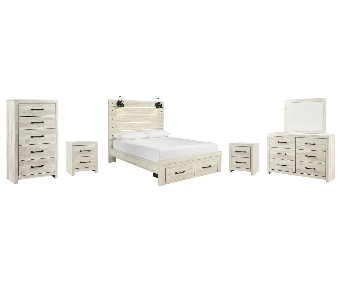 Cambeck Panel Bed With 2 Storage Drawers With Mirrored Dresser, Chest And 2 Nightstands