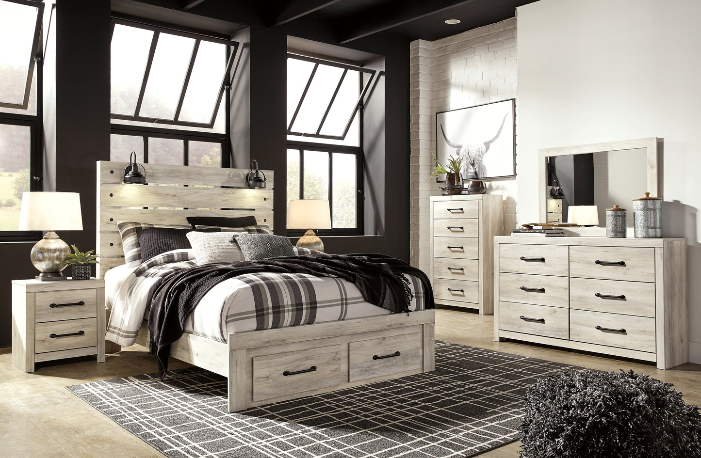 Cambeck Panel Bed With 2 Storage Drawers With Mirrored Dresser, Chest And 2 Nightstands