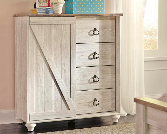The Willowton Dressing Chest features a sliding barn-style door on the left and four drawers with metal handles on the right, making it a shabby chic storage piece that brightens any room.