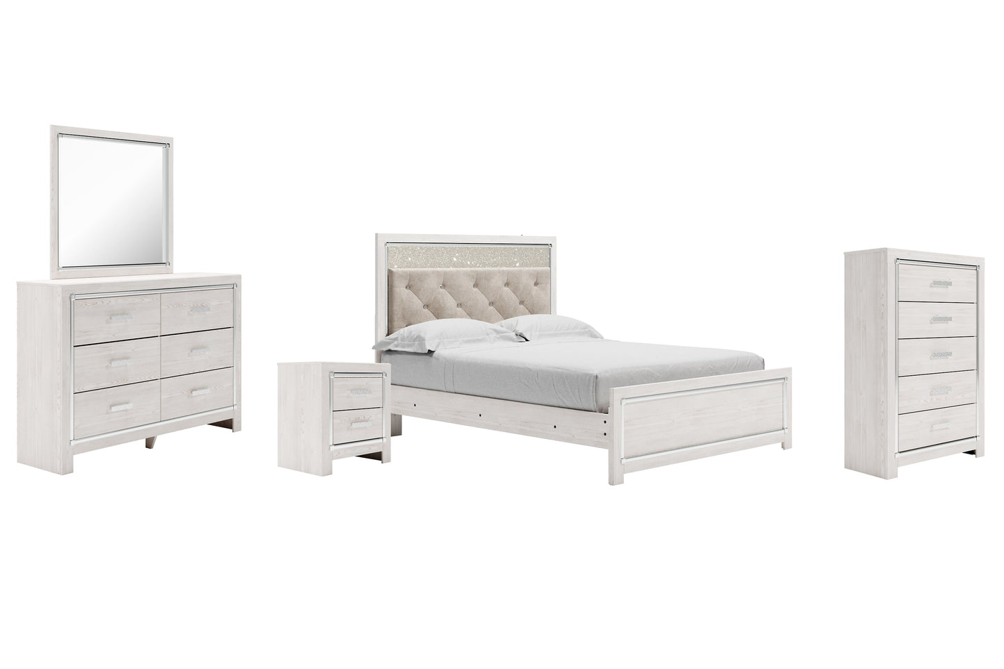 Altyra Queen Panel Bed with Mirrored Dresser, Chest and Nightstand at Walker Mattress and Furniture