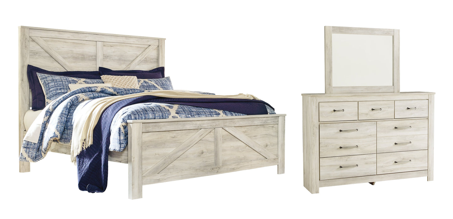 Bellaby Queen Crossbuck Panel Bed with Mirrored Dresser at Walker Mattress and Furniture Locations in Cedar Park and Belton TX.