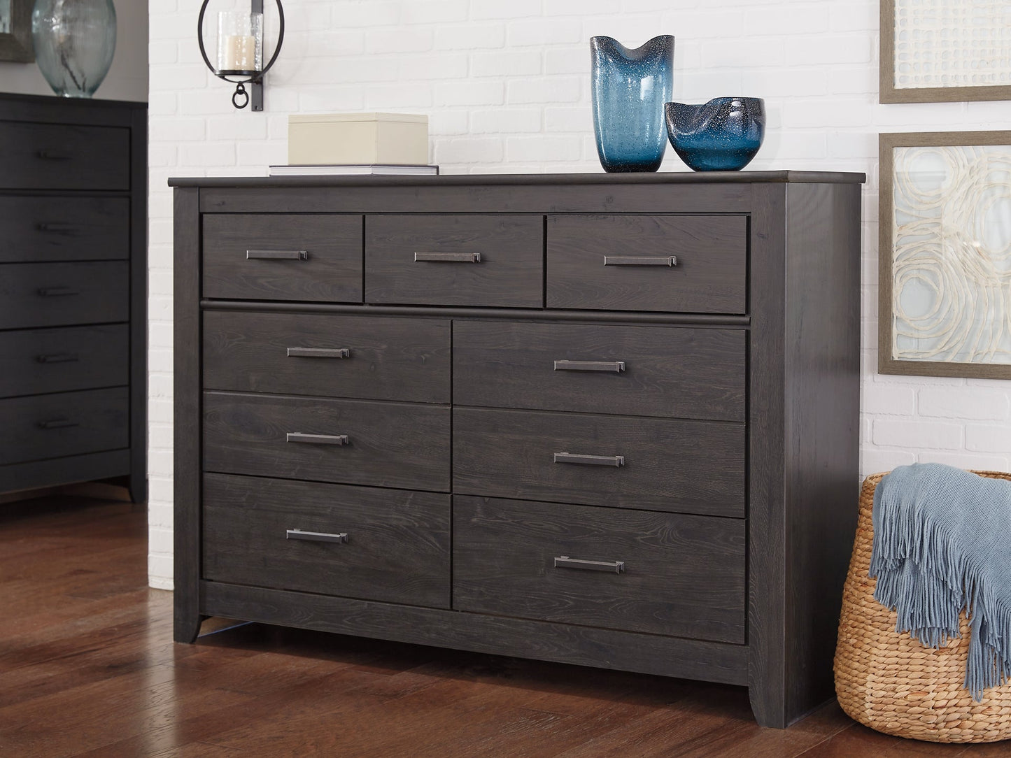 Brinxton Full Panel Headboard with Mirrored Dresser and Chest at Walker Mattress and Furniture Locations in Cedar Park and Belton TX.