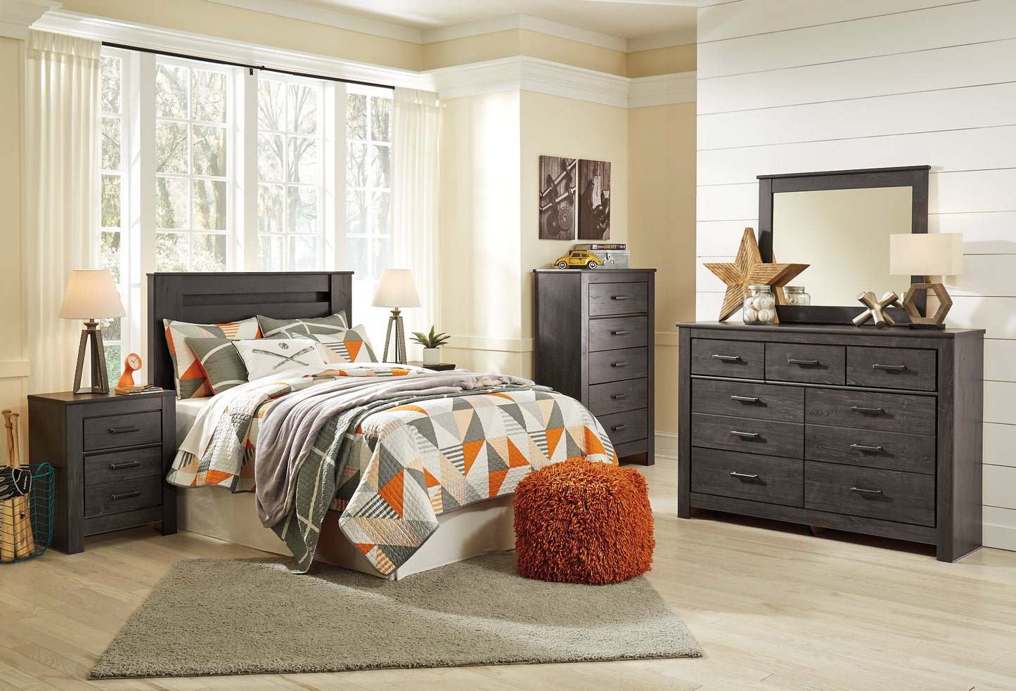 Brinxton Full Panel Headboard with Mirrored Dresser and Chest at Walker Mattress and Furniture Locations in Cedar Park and Belton TX.