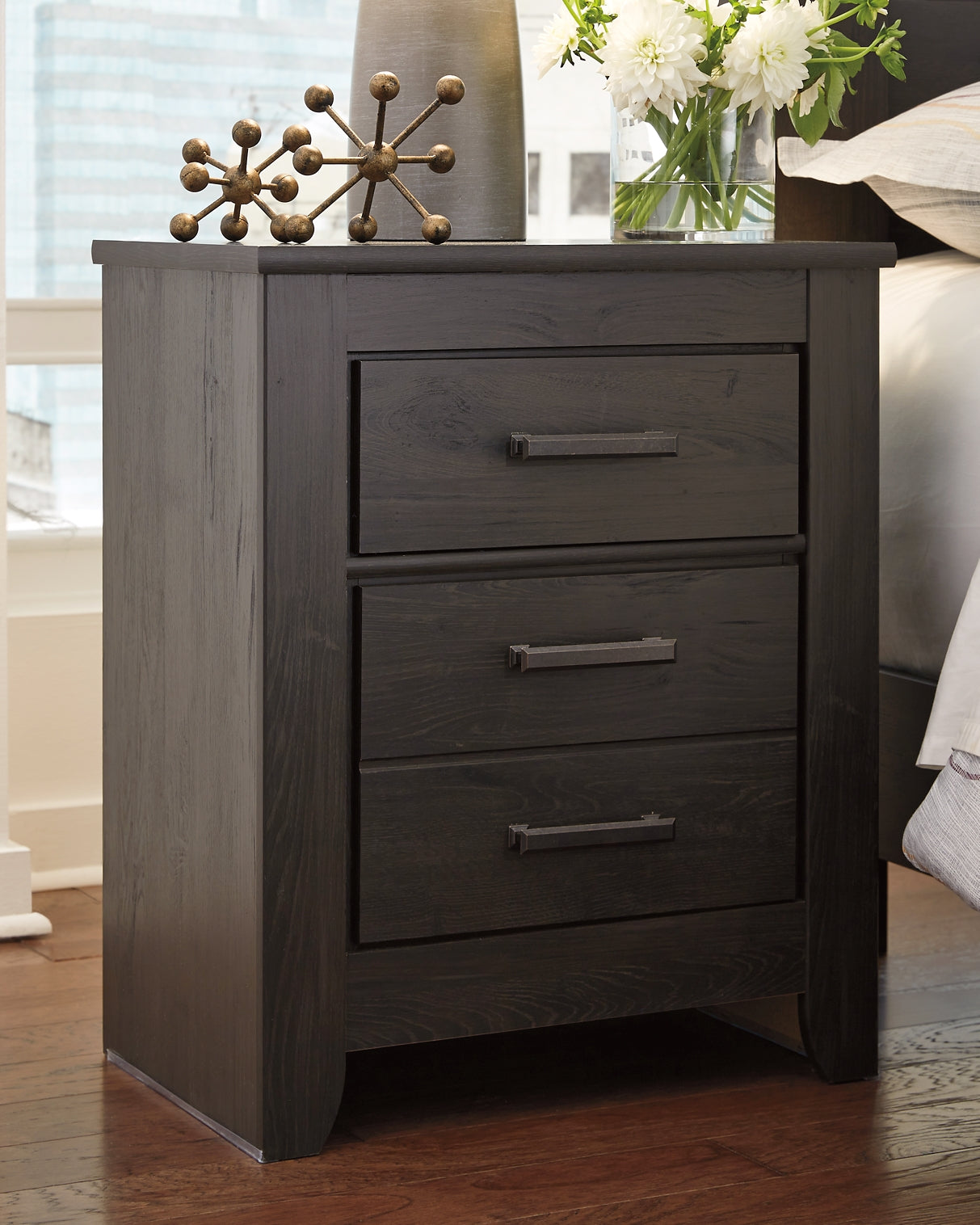 Brinxton Queen/Full Panel Headboard with Mirrored Dresser, Chest and Nightstand at Walker Mattress and Furniture Locations in Cedar Park and Belton TX.