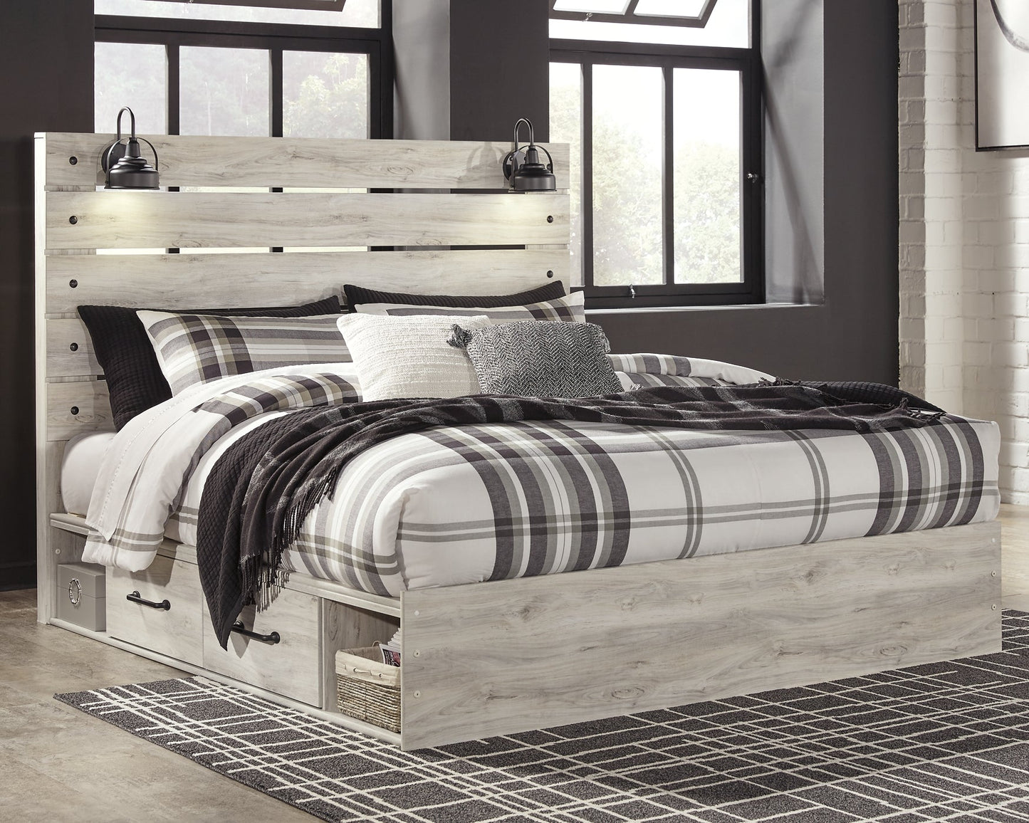 Cambeck King Panel Bed with 2 Storage Drawers with Mirrored Dresser, Chest and Nightstand at Walker Mattress and Furniture Locations in Cedar Park and Belton TX.