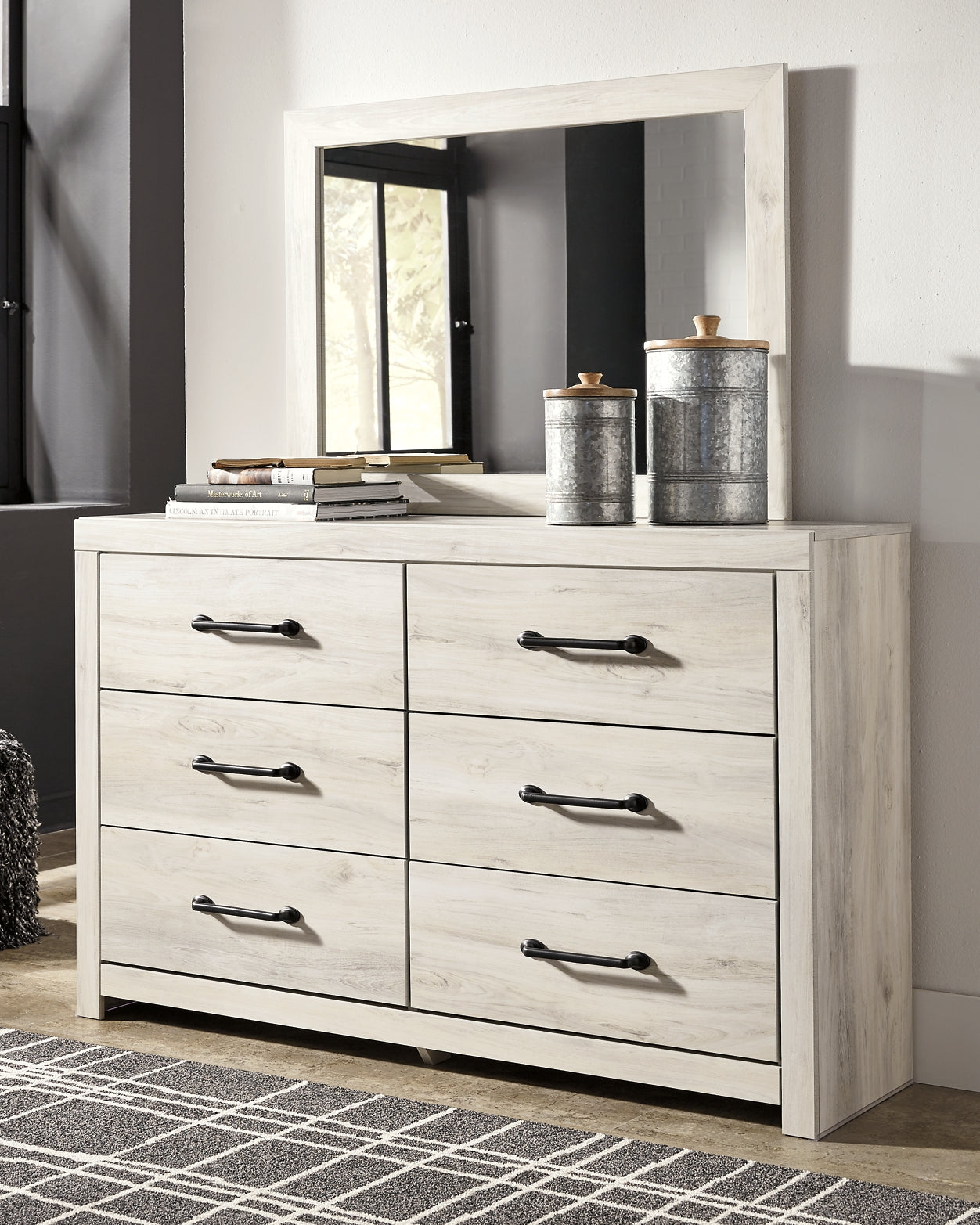 Cambeck King Panel Bed with 2 Storage Drawers with Mirrored Dresser, Chest and Nightstand at Walker Mattress and Furniture Locations in Cedar Park and Belton TX.