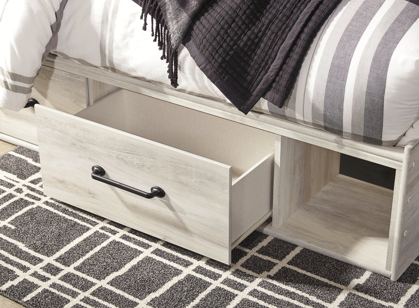 Cambeck King Panel Bed with 2 Storage Drawers with Mirrored Dresser, Chest and Nightstand at Walker Mattress and Furniture Locations in Cedar Park and Belton TX.