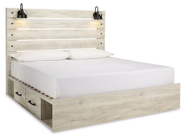 Cambeck King Panel Bed with 2 Storage Drawers with Mirrored Dresser, Chest and Nightstand at Walker Mattress and Furniture Locations in Cedar Park and Belton TX.