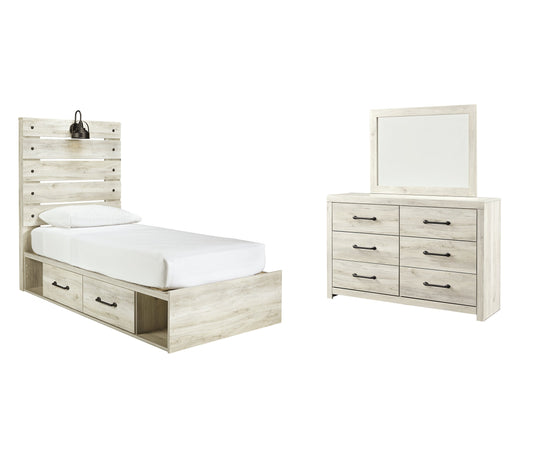 Cambeck Twin Panel Bed with 4 Storage Drawers with Mirrored Dresser at Walker Mattress and Furniture Locations in Cedar Park and Belton TX.