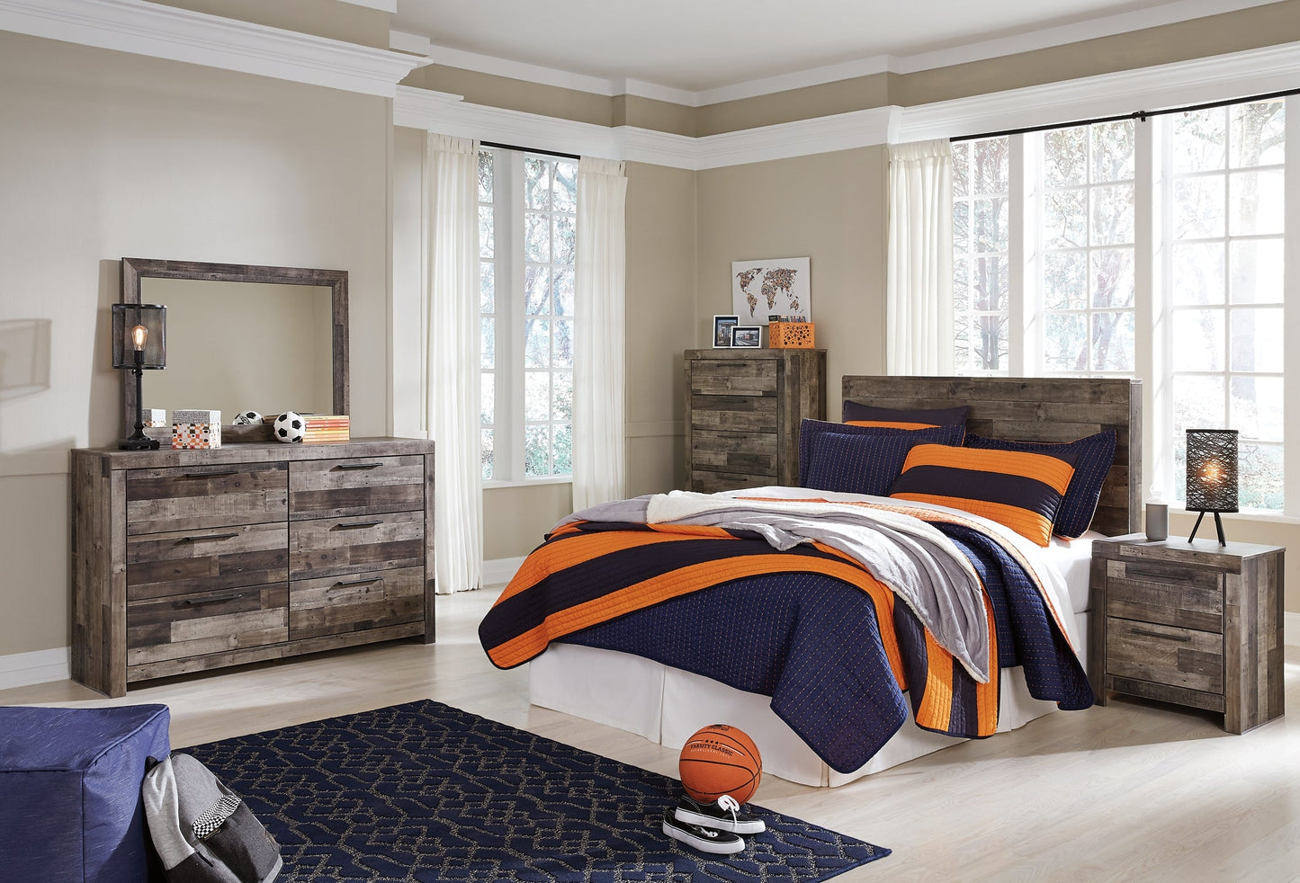 Derekson Full Panel Headboard with Mirrored Dresser, Chest and Nightstand at Walker Mattress and Furniture Locations in Cedar Park and Belton TX.