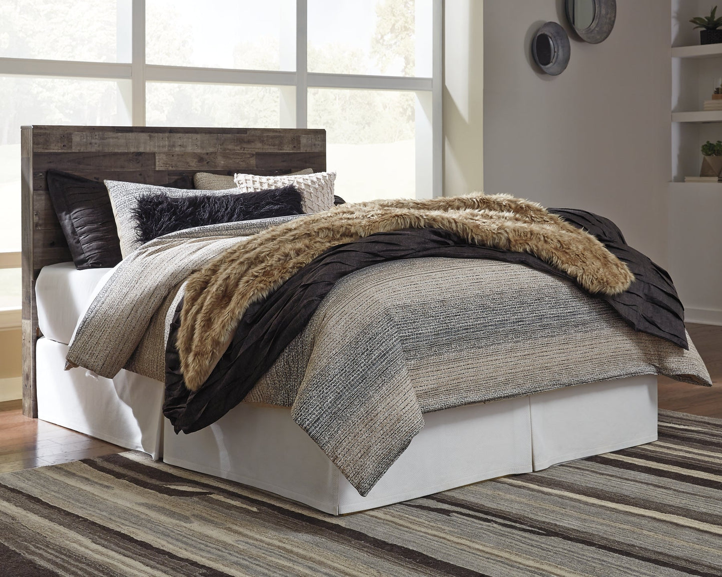 Derekson Queen/Full Panel Headboard with Mirrored Dresser and 2 Nightstands at Walker Mattress and Furniture Locations in Cedar Park and Belton TX.