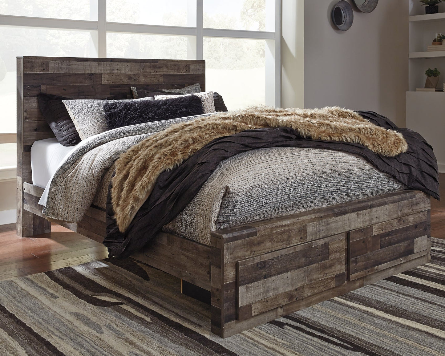 Derekson Queen Panel Bed with 2 Storage Drawers with Mirrored Dresser at Walker Mattress and Furniture Locations in Cedar Park and Belton TX.