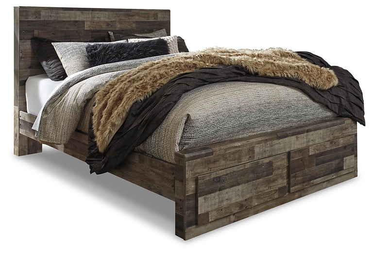 Derekson Queen Panel Bed with 2 Storage Drawers with Mirrored Dresser at Walker Mattress and Furniture Locations in Cedar Park and Belton TX.