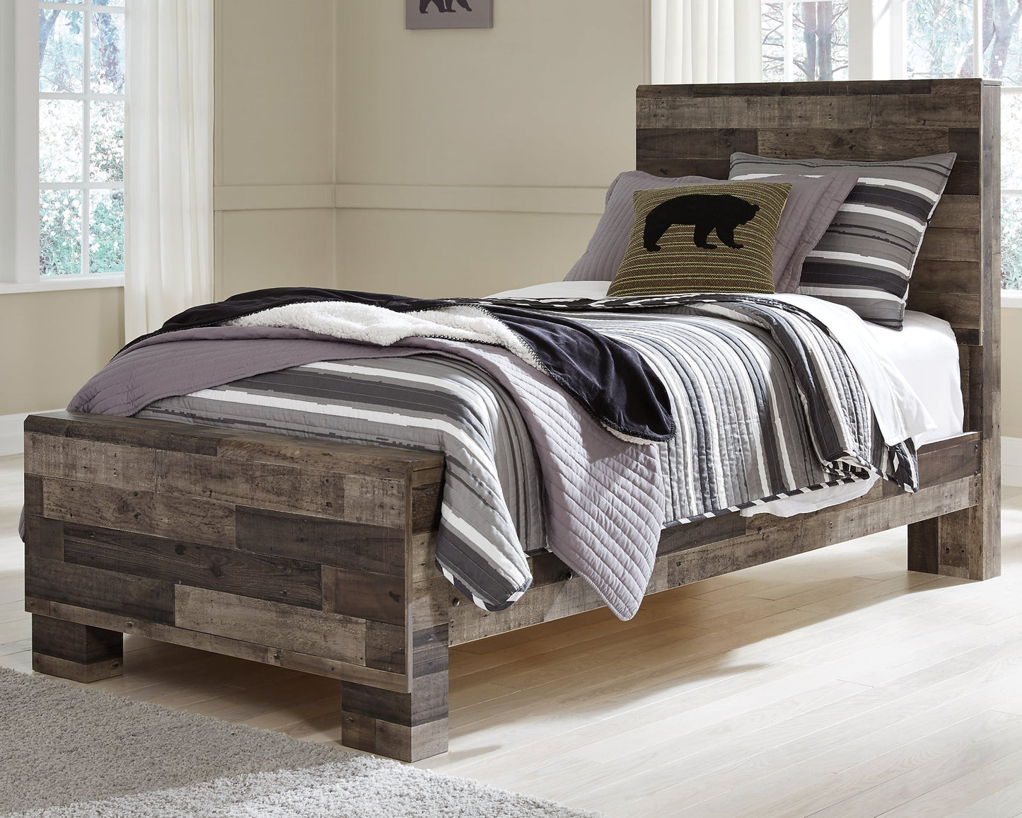 Derekson Twin Panel Bed with Mirrored Dresser and Chest at Walker Mattress and Furniture Locations in Cedar Park and Belton TX.