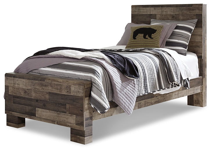 Derekson Twin Panel Bed with Mirrored Dresser and Chest at Walker Mattress and Furniture Locations in Cedar Park and Belton TX.