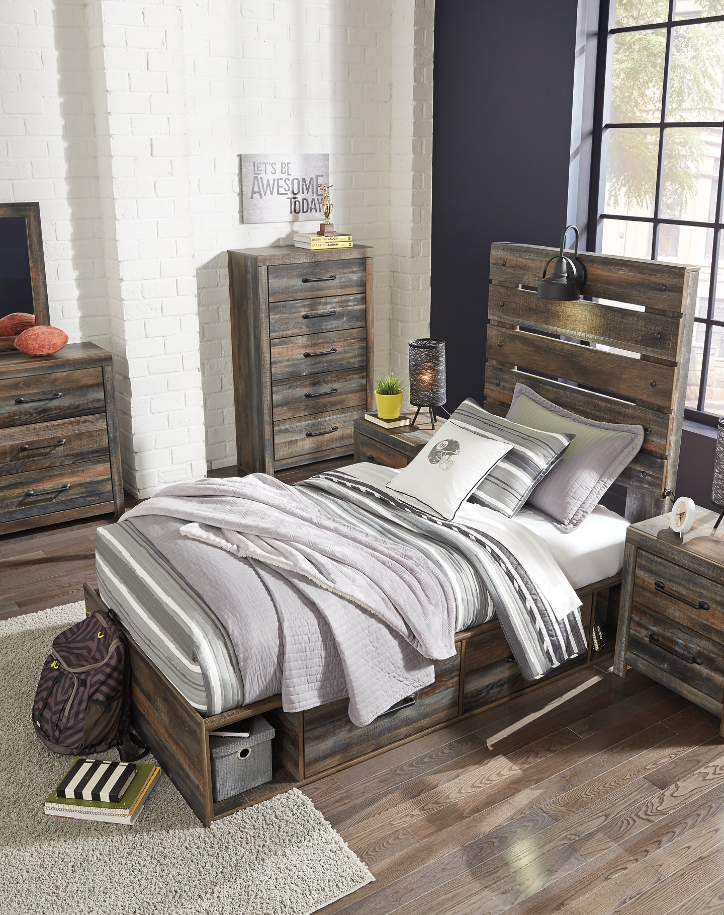 Drystan Full Panel Bed with 4 Storage Drawers with Mirrored Dresser, Chest and Nightstand at Walker Mattress and Furniture Locations in Cedar Park and Belton TX.