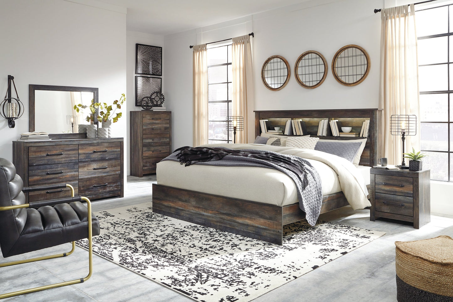 Drystan King Panel Bookcase Bed with Mirrored Dresser at Walker Mattress and Furniture Locations in Cedar Park and Belton TX.
