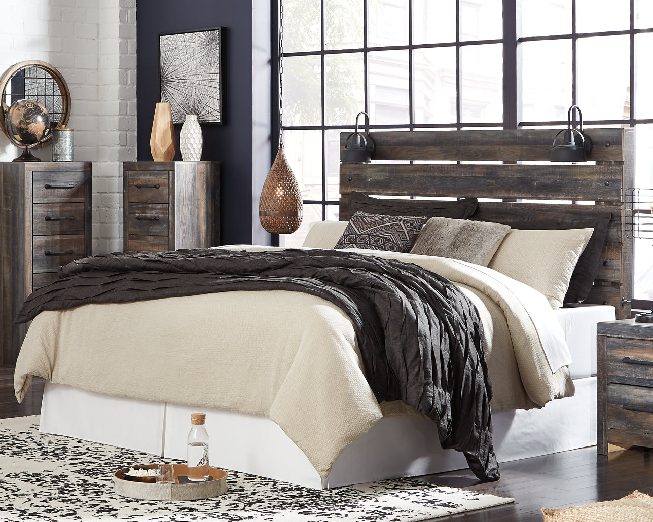 Drystan King Panel Headboard with Mirrored Dresser at Walker Mattress and Furniture Locations in Cedar Park and Belton TX.