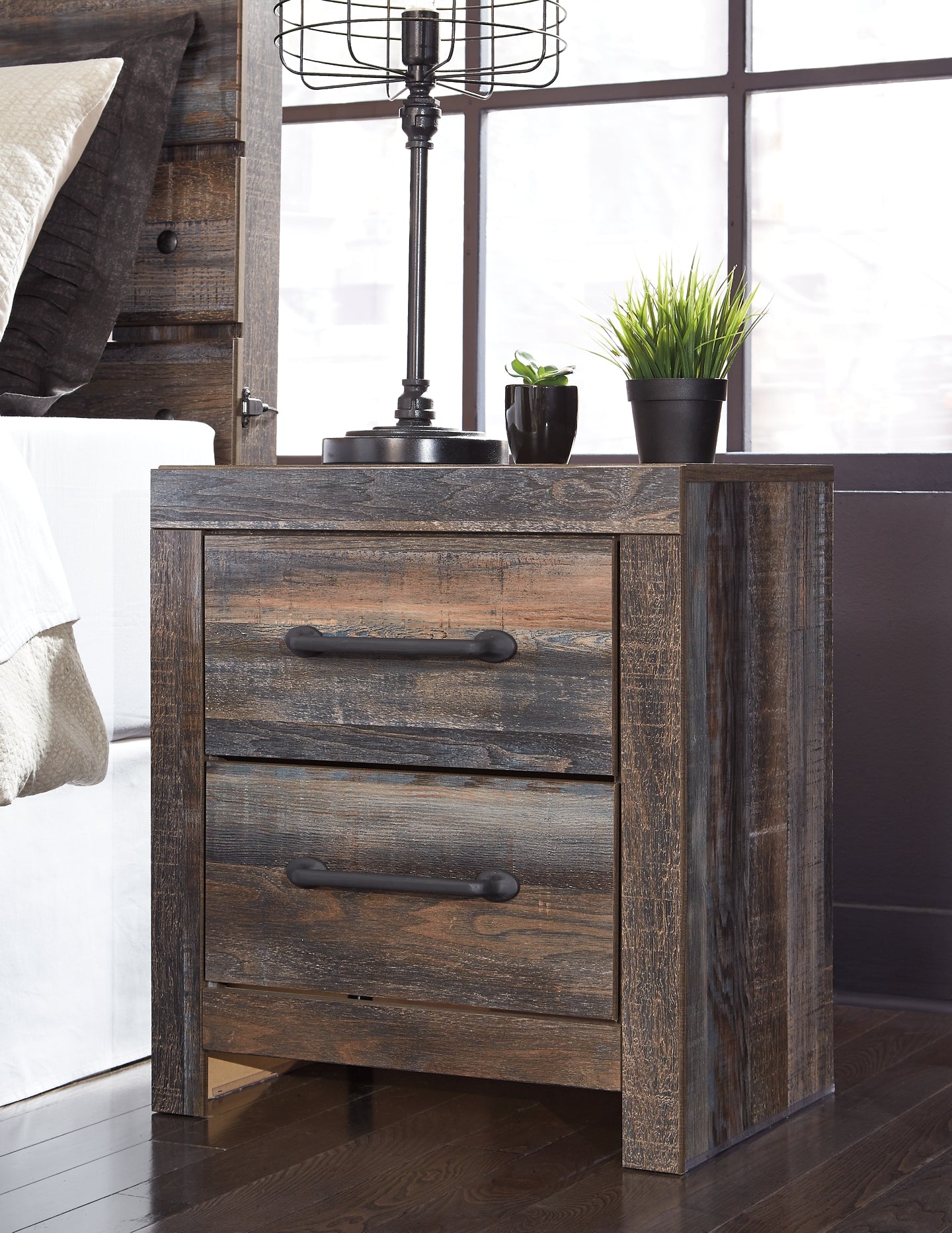 Drystan Queen/Full Bookcase Headboard with Mirrored Dresser, Chest and Nightstand at Walker Mattress and Furniture Locations in Cedar Park and Belton TX.