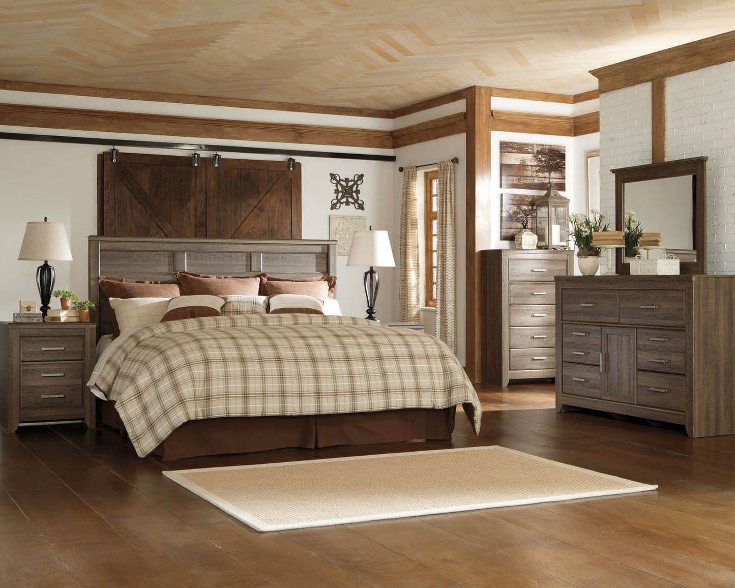Juararo King/California King Panel Headboard with Mirrored Dresser at Walker Mattress and Furniture Locations in Cedar Park and Belton TX.