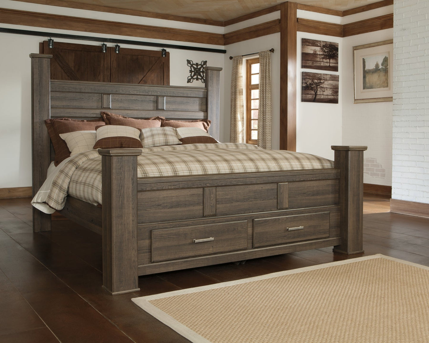 Juararo King Poster Bed with Mirrored Dresser and 2 Nightstands at Walker Mattress and Furniture Locations in Cedar Park and Belton TX.