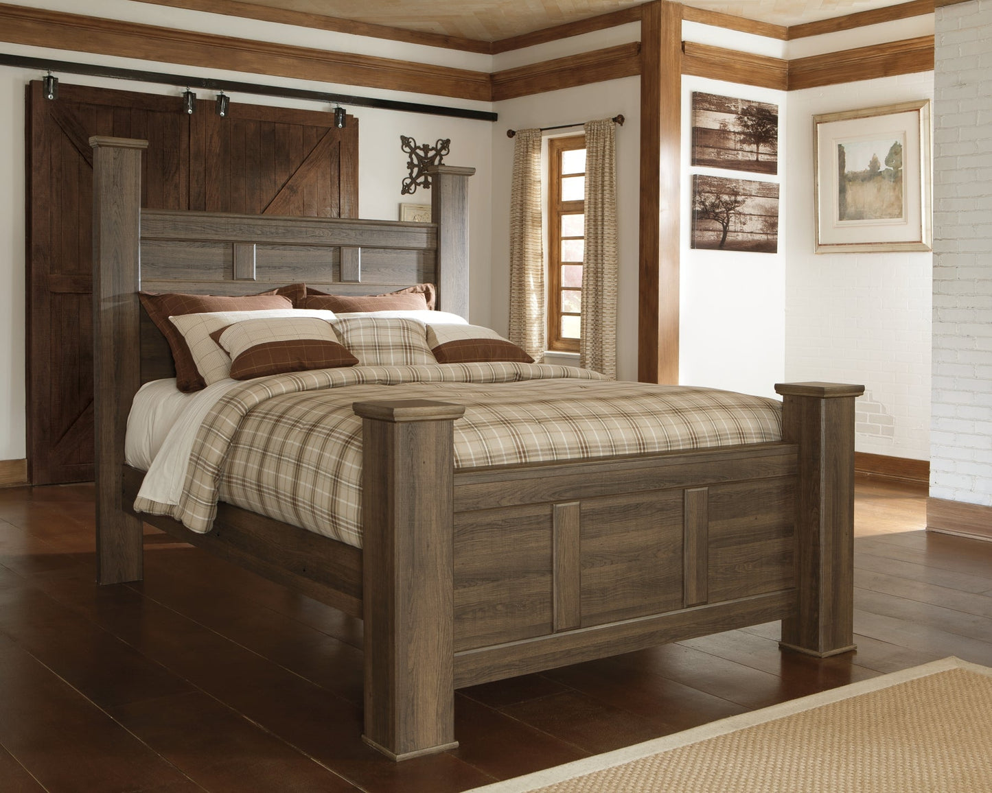 Juararo Queen Poster Bed with Mirrored Dresser, Chest and Nightstand at Walker Mattress and Furniture Locations in Cedar Park and Belton TX.