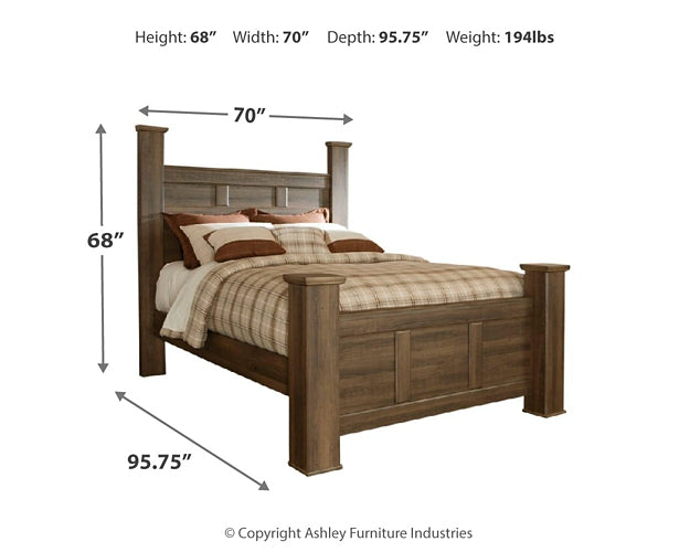 Juararo Queen Poster Bed with Mirrored Dresser and 2 Nightstands at Walker Mattress and Furniture Locations in Cedar Park and Belton TX.