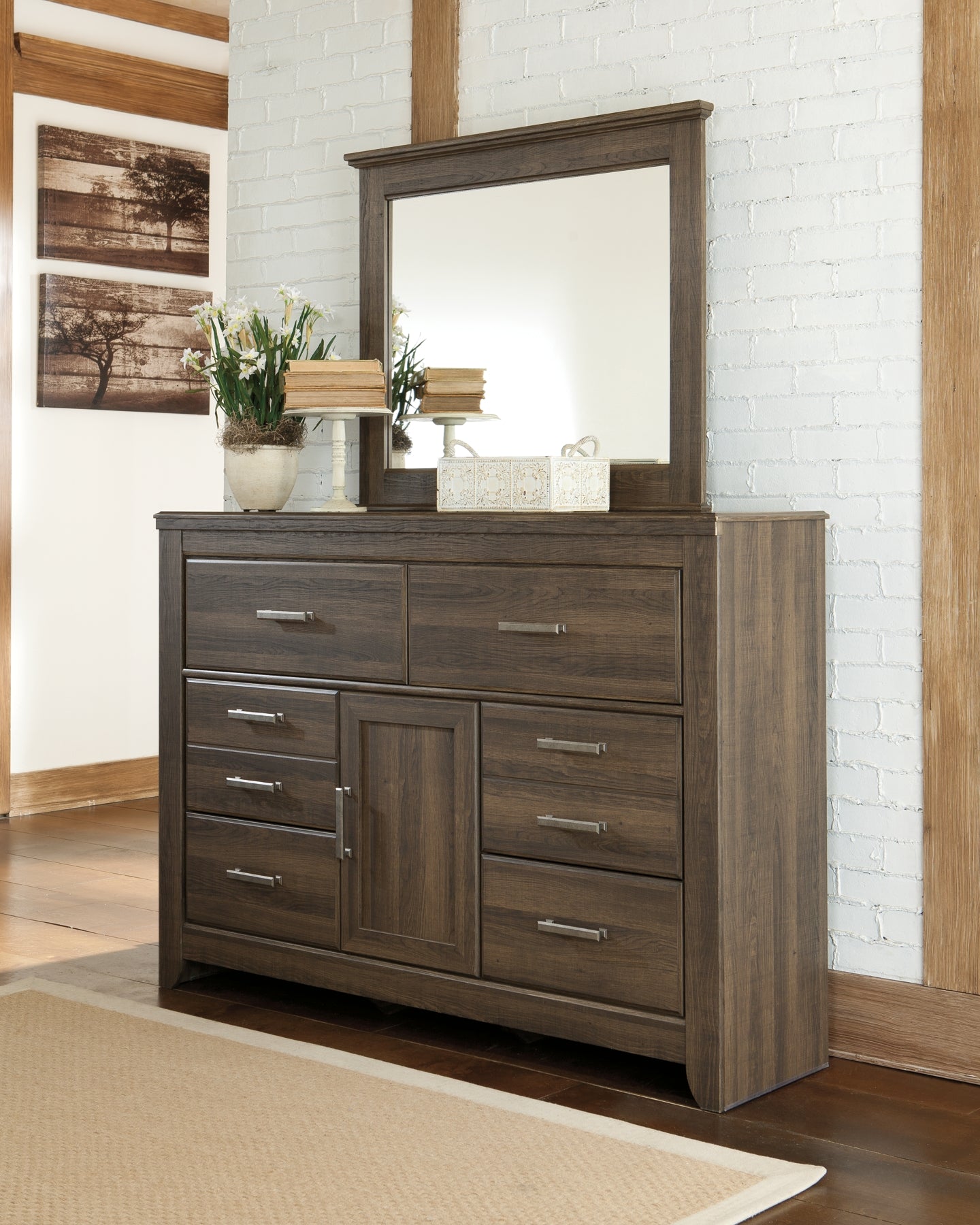 Juararo Queen Poster Bed with Mirrored Dresser and 2 Nightstands at Walker Mattress and Furniture Locations in Cedar Park and Belton TX.