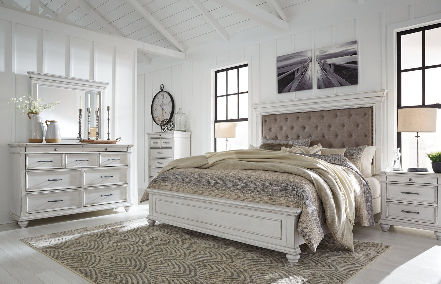Kanwyn Queen Panel Bed with Mirrored Dresser and 2 Nightstands at Walker Mattress and Furniture Locations in Cedar Park and Belton TX.