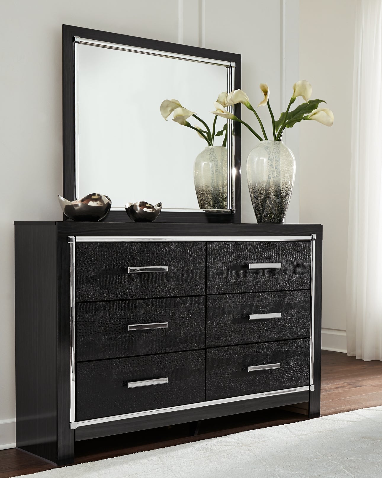 Kaydell King Upholstered Panel Bed with Mirrored Dresser, Chest and Nightstand at Walker Mattress and Furniture Locations in Cedar Park and Belton TX.