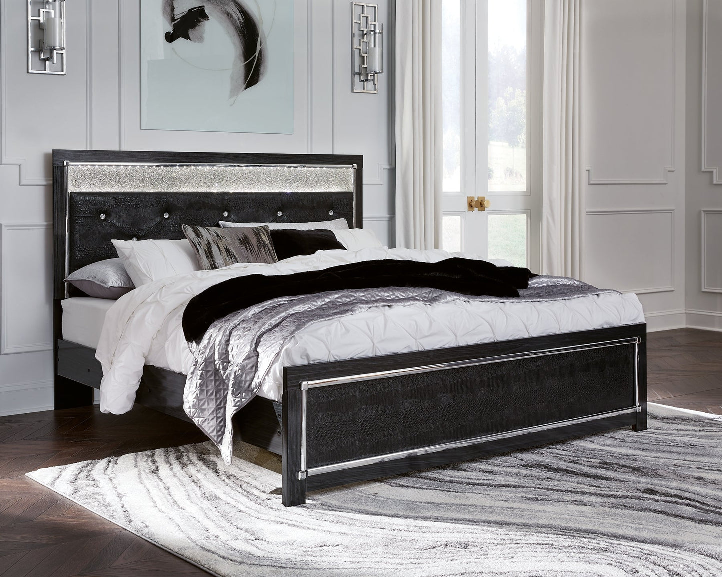 Kaydell King Upholstered Panel Bed with Mirrored Dresser, Chest and Nightstand at Walker Mattress and Furniture Locations in Cedar Park and Belton TX.