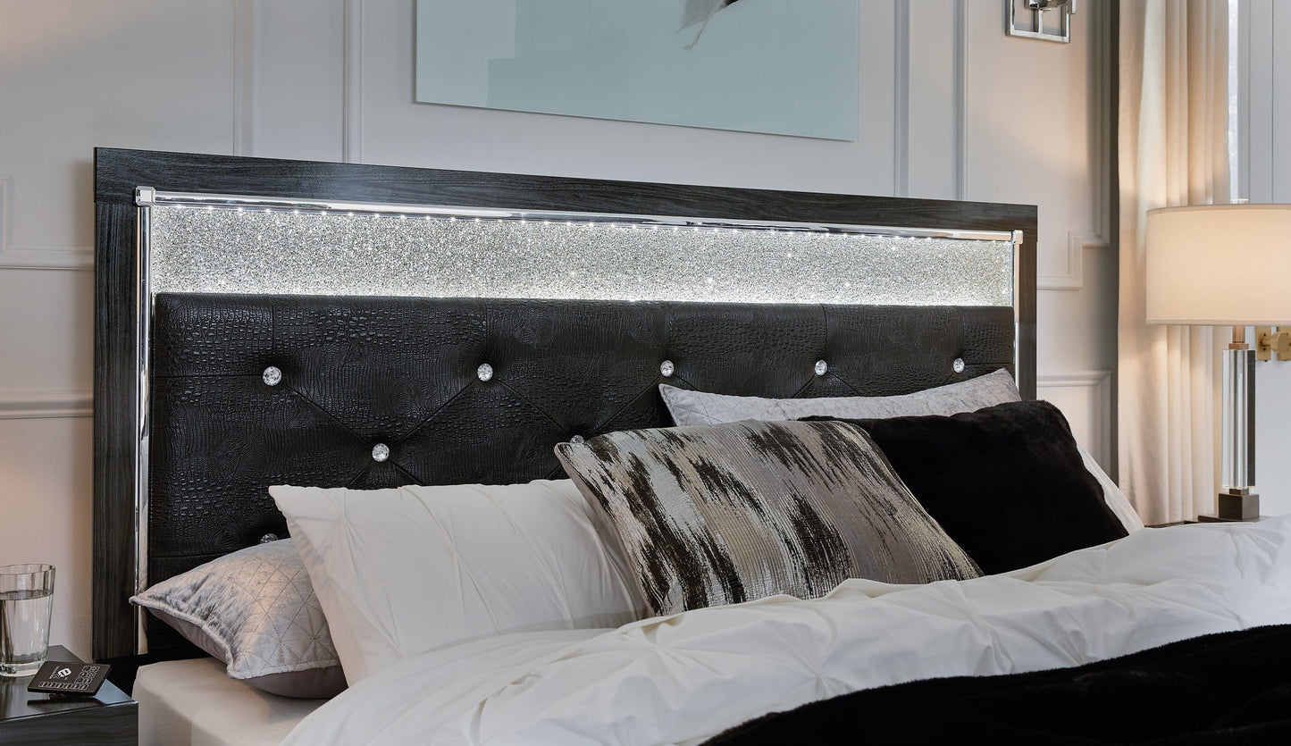 Kaydell King Upholstered Panel Bed with Mirrored Dresser, Chest and Nightstand at Walker Mattress and Furniture Locations in Cedar Park and Belton TX.