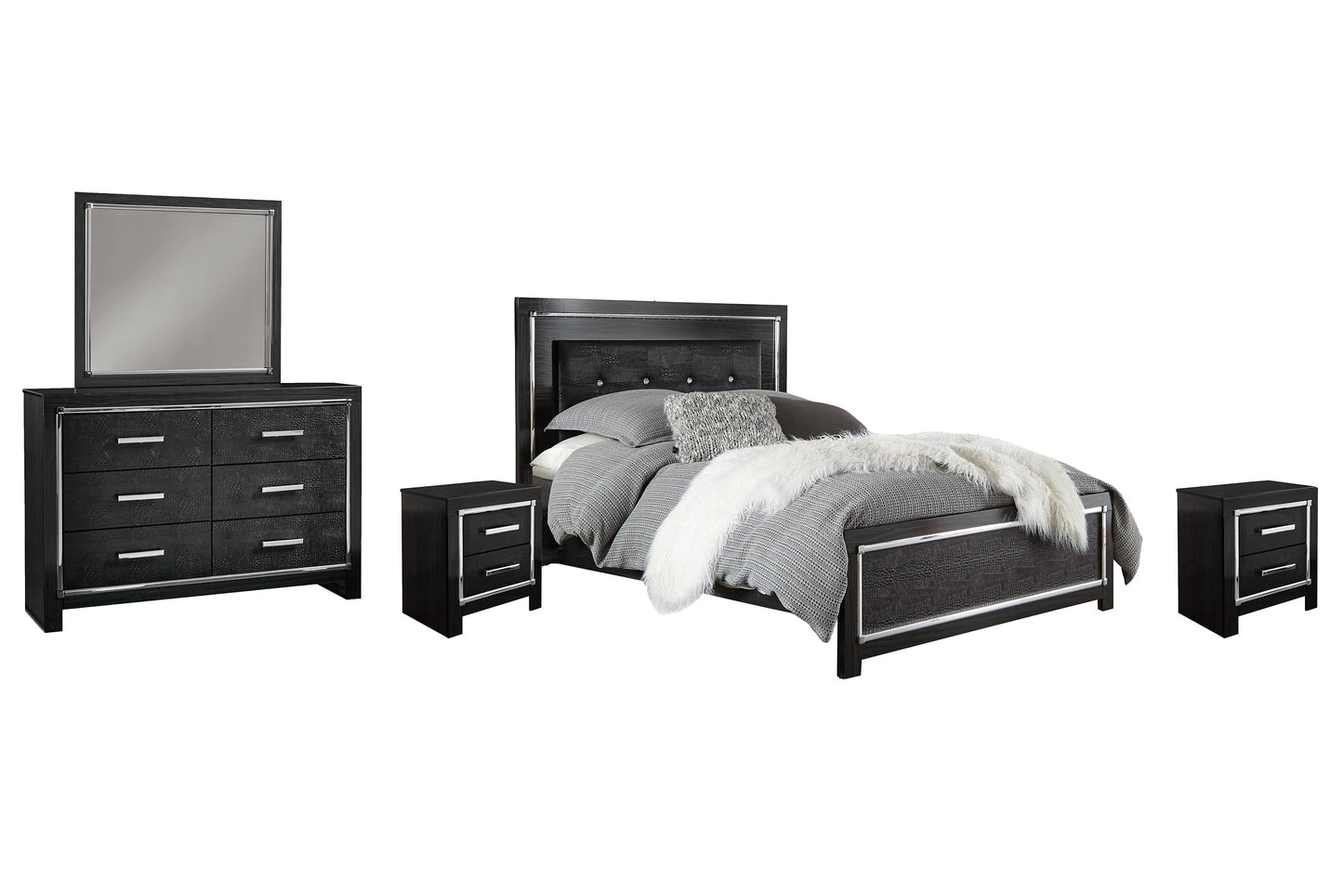 Kaydell King Upholstered Panel Bed with Mirrored Dresser and 2 Nightstands at Walker Mattress and Furniture Locations in Cedar Park and Belton TX.