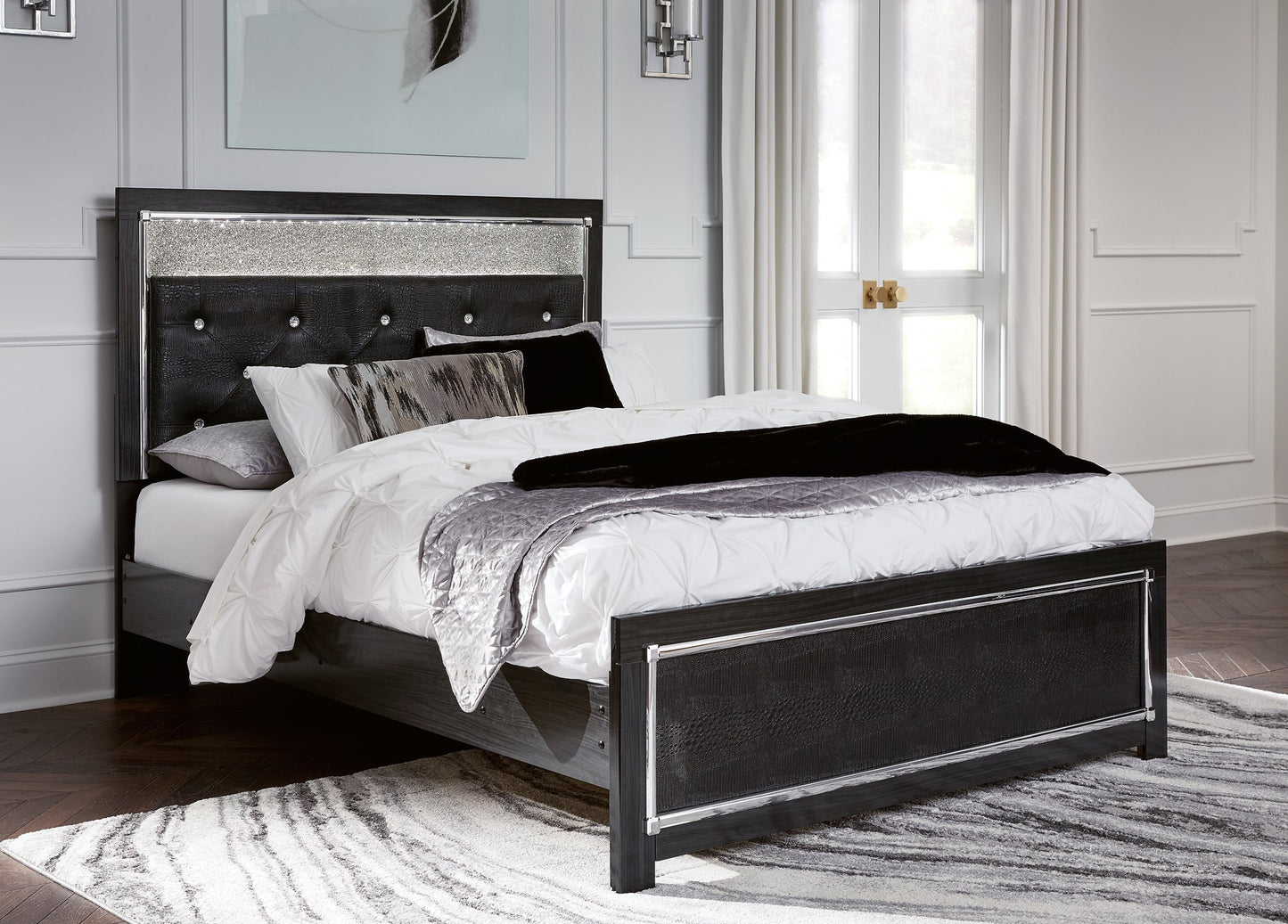 Kaydell Queen Upholstered Panel Bed with Mirrored Dresser at Walker Mattress and Furniture Locations in Cedar Park and Belton TX.