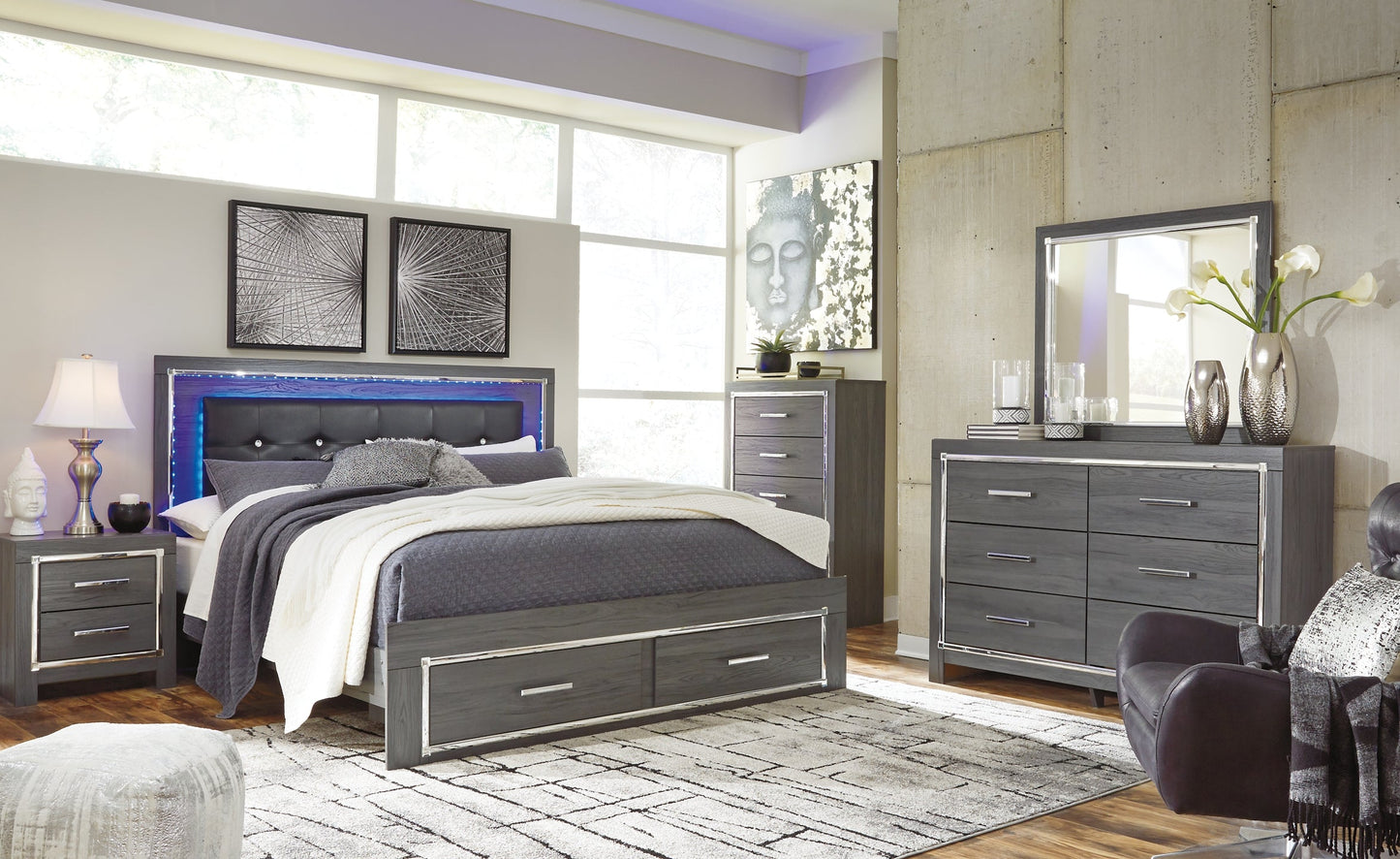 Lodanna King Panel Bed with 2 Storage Drawers with Mirrored Dresser, Chest and Nightstand at Walker Mattress and Furniture Locations in Cedar Park and Belton TX.