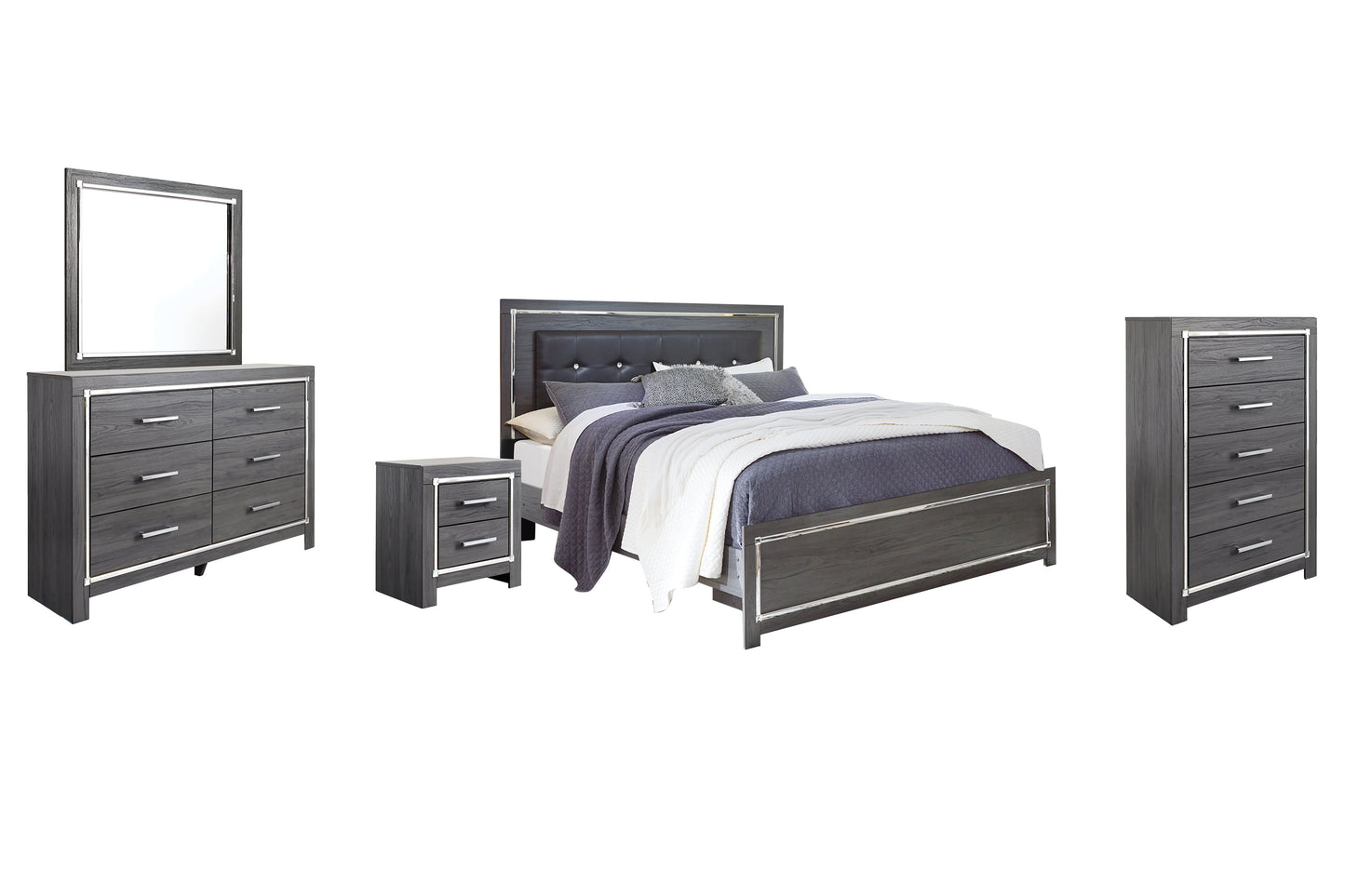 Lodanna King Panel Bed with Mirrored Dresser, Chest and Nightstand at Walker Mattress and Furniture Locations in Cedar Park and Belton TX.