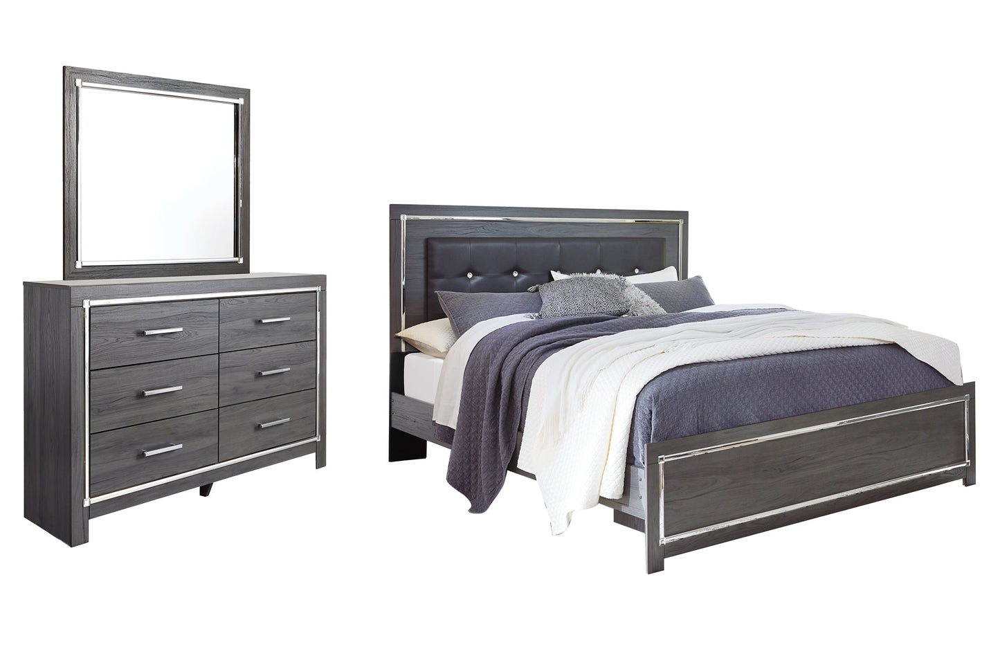 Lodanna King Panel Bed with Mirrored Dresser at Walker Mattress and Furniture Locations in Cedar Park and Belton TX.