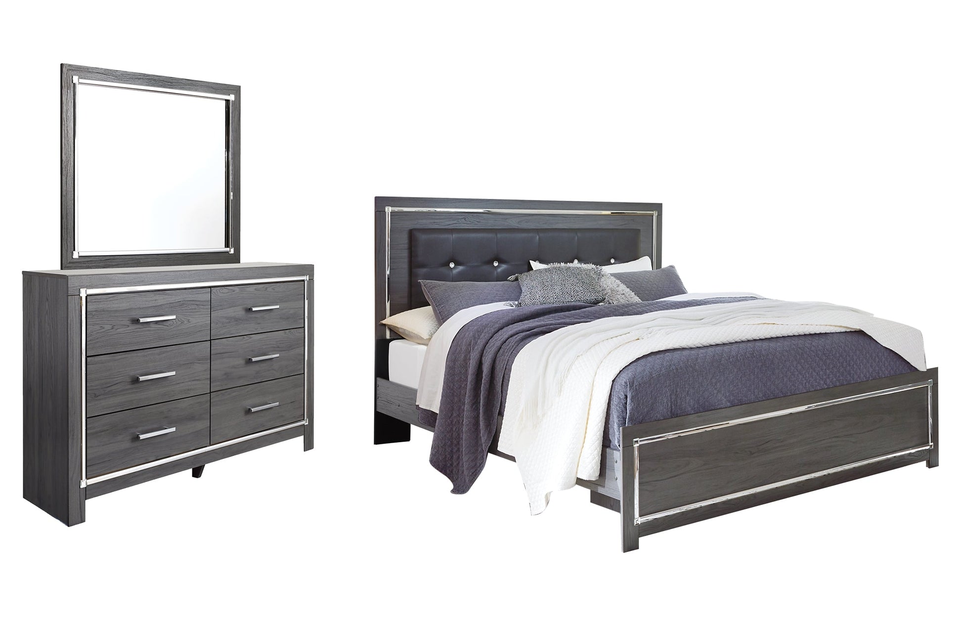 Lodanna King Panel Bed with Mirrored Dresser at Walker Mattress and Furniture Locations in Cedar Park and Belton TX.