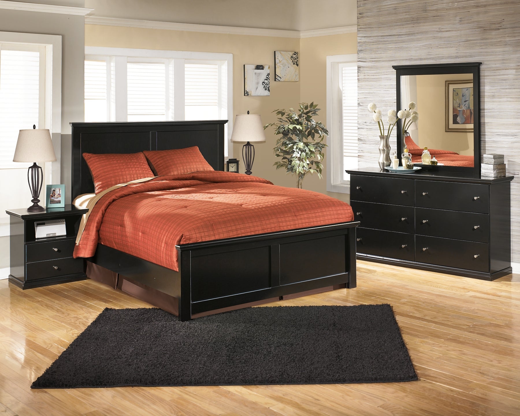 Maribel Queen Panel Bed with Mirrored Dresser and Nightstand at Walker Mattress and Furniture Locations in Cedar Park and Belton TX.