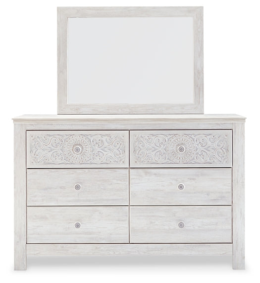 Paxberry King Panel Bed with Mirrored Dresser, Chest and 2 Nightstands at Walker Mattress and Furniture Locations in Cedar Park and Belton TX.
