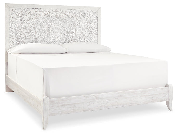 Paxberry King Panel Bed with Mirrored Dresser, Chest and 2 Nightstands at Walker Mattress and Furniture Locations in Cedar Park and Belton TX.